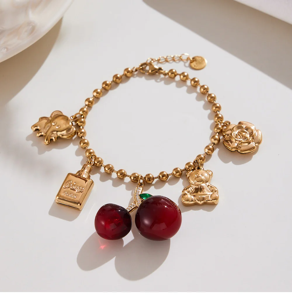 Süße rote Harz Kirsche Anhänger Halskette Edelstahl vergoldet Kette Armband Tropfen Ohrringe Damen Luxus Schmuck Set – Detail 15