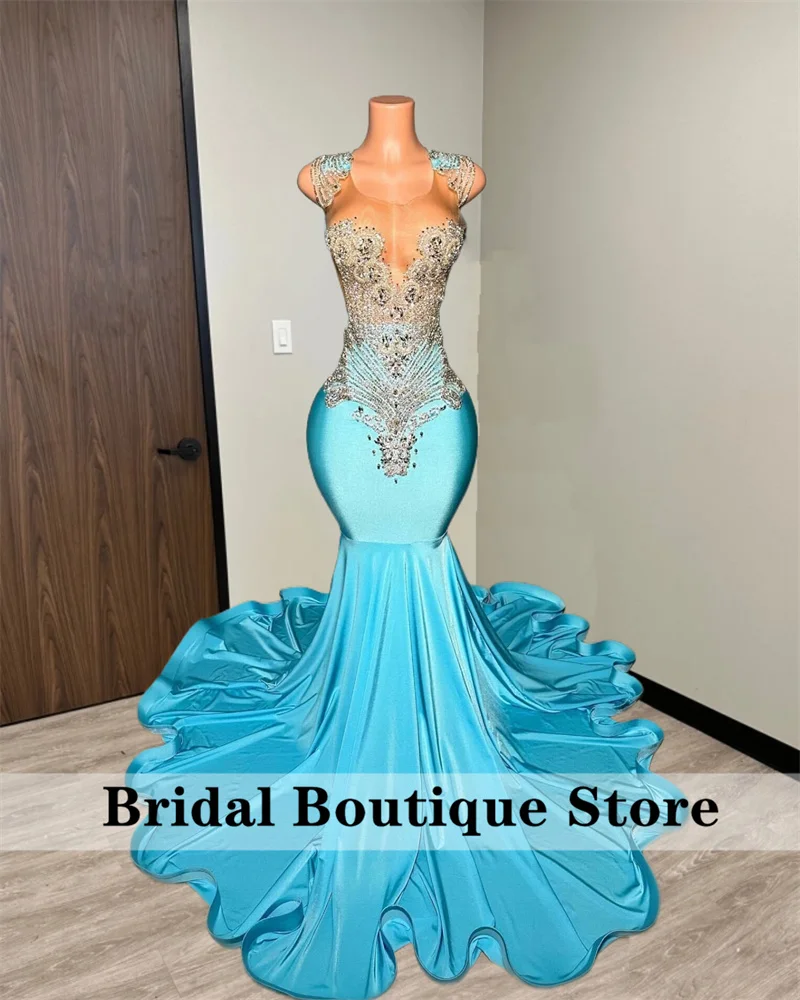 

Luxuy Diamonds Long Prom Dresses 2024 Blue Sparkly Beads Rhinestone Crystal Wedding Reception Party Gown Evening Gowns