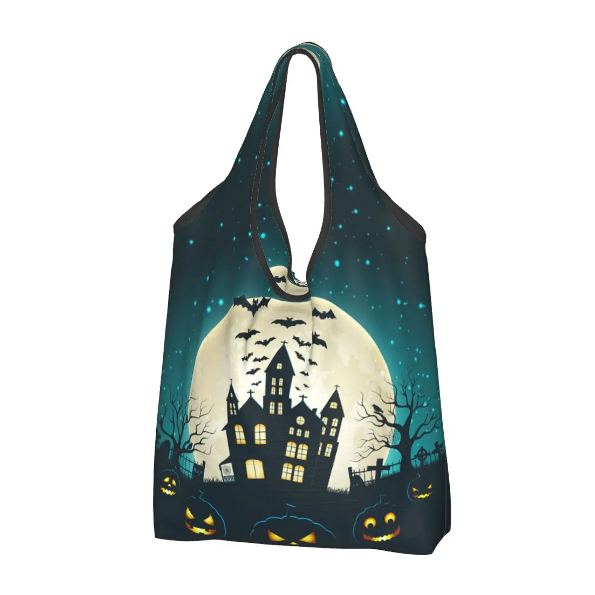 

Halloween Party Ghost Shopping Bags Reusable Grocery Tote Bags Haunted Mansion Horror Pumpkin Recycling Bags Washable Handbag