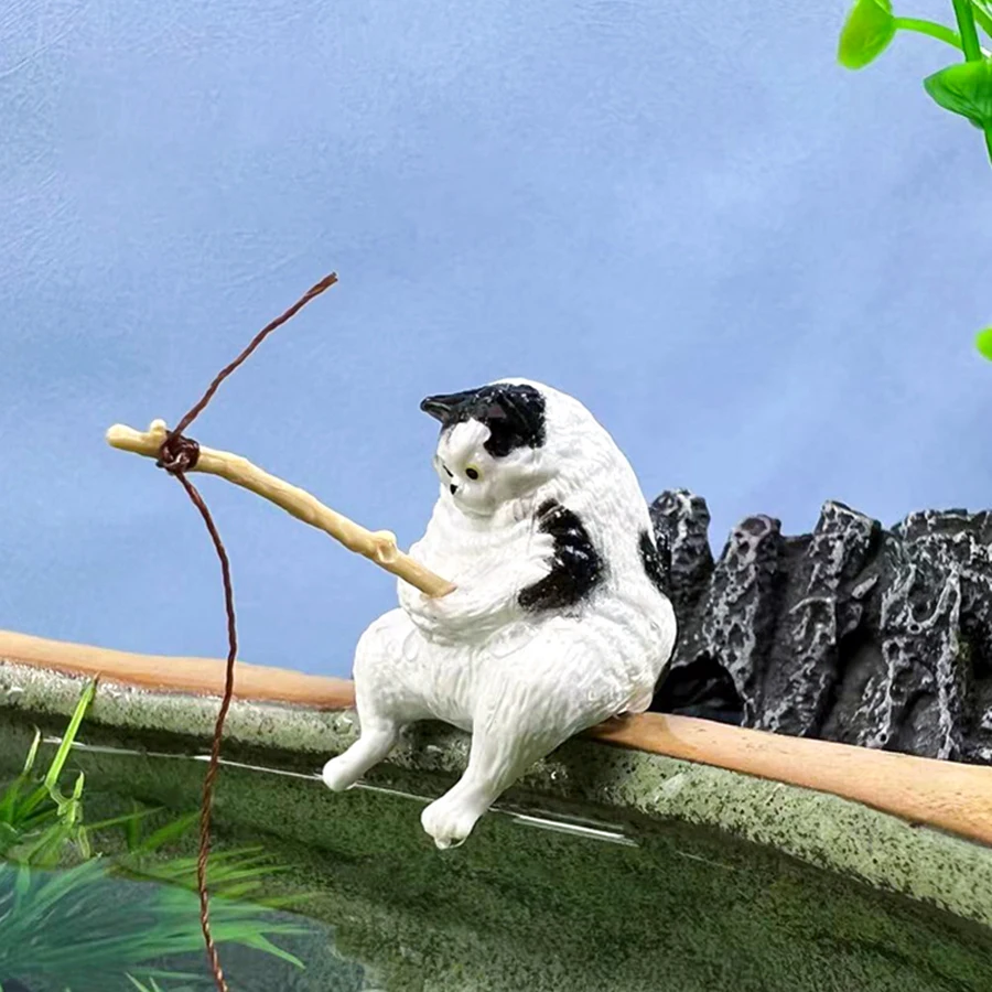 Fish tank decorations Fish tank fishing cat hanging creative landscape decoration desktop cat fishing micro landscape