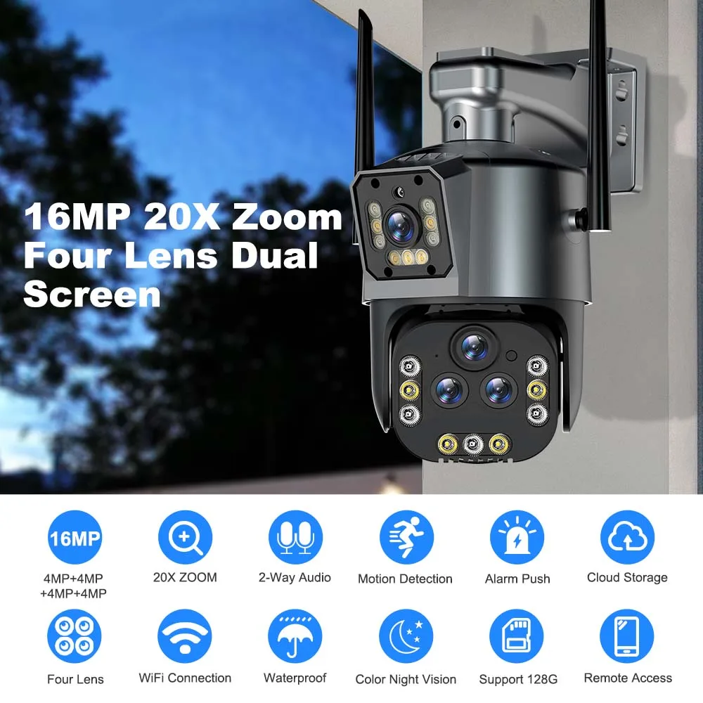 Sf2ee7ce367e54022ac19d60d6bc3f80e1 16MP 8K Wifi IP Camera 20X Zoom Outdoor Wireless Security Camera 4K Four Lens PTZ Cam Smart Home CCTV Wifi Surveillance Cameras