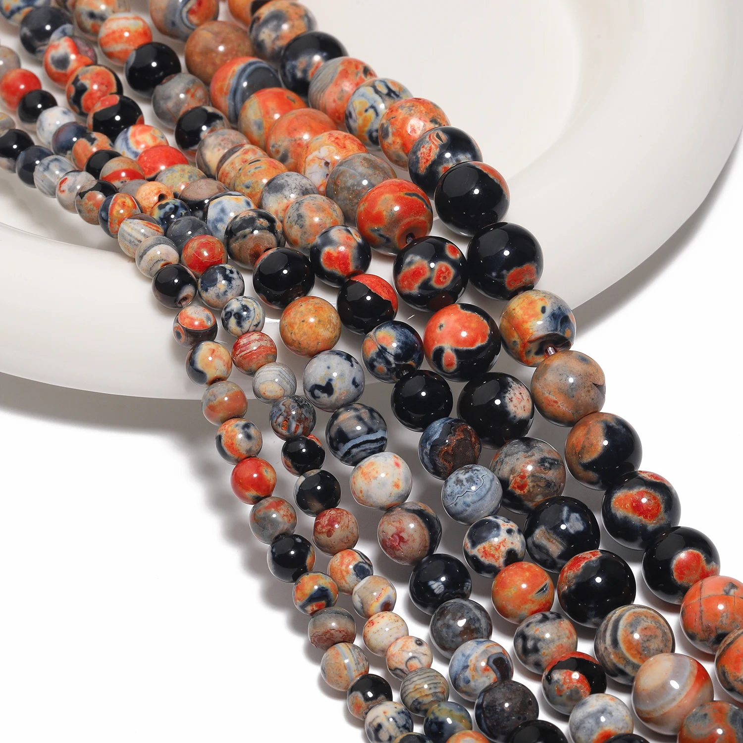 OrangeGreyNaturalFireAgateStoneRoundLooseFlameOnyxBeadForJewelryMakingDiyCharmsBraceletsNecklaces6/8/10mm15