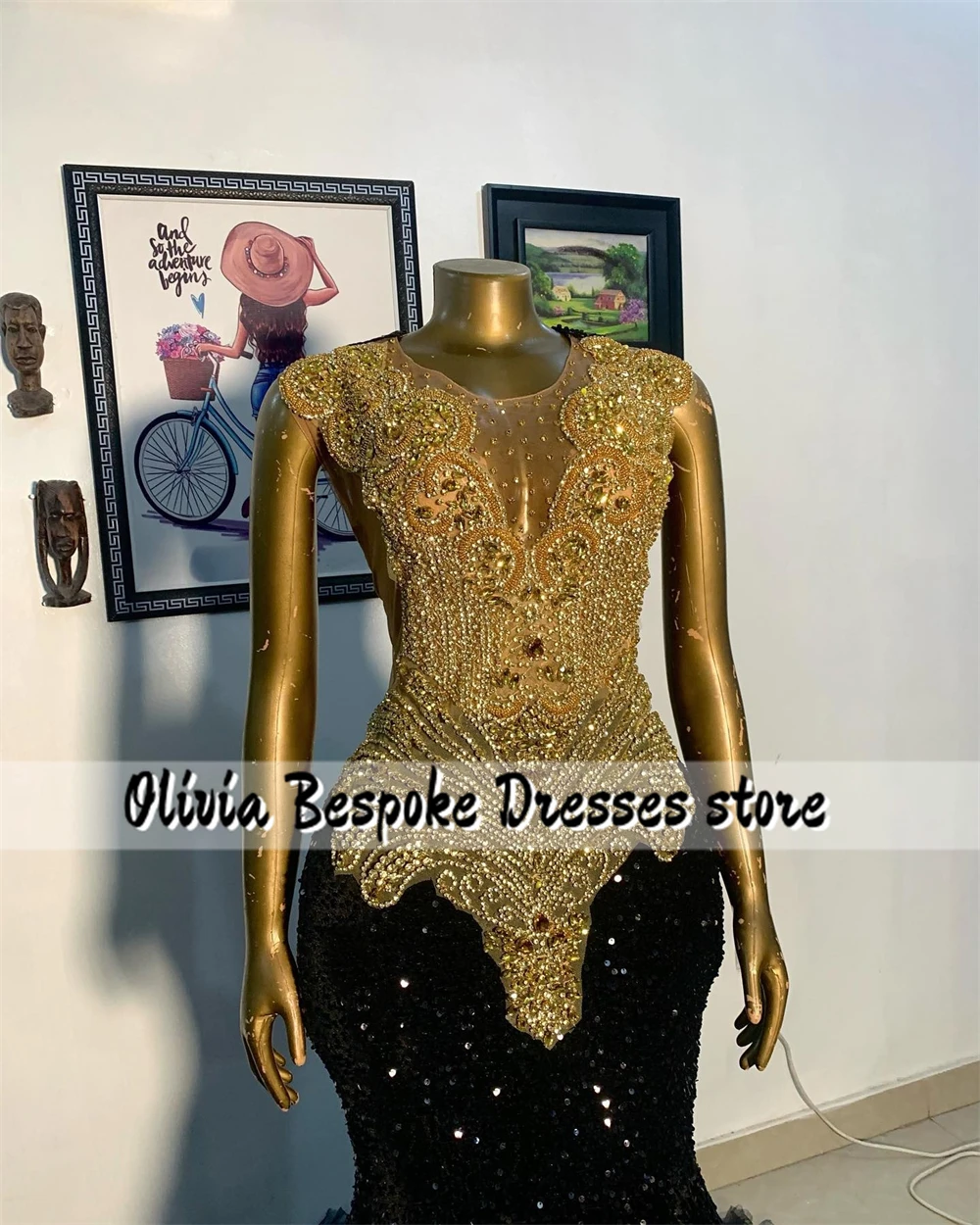 Birthday Prom Dresses Wedding Dress Black Tulle Ruched Gold Crystals Beaded Rhinestones Customized