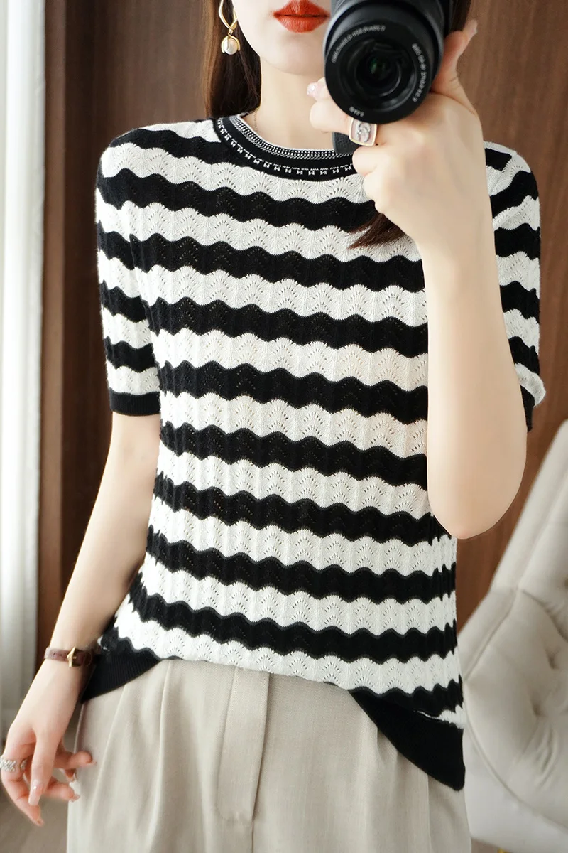 

Summer new 100% cotton knit pullover curve slim unique design fashion women's sweat-absorbing short sleeve top