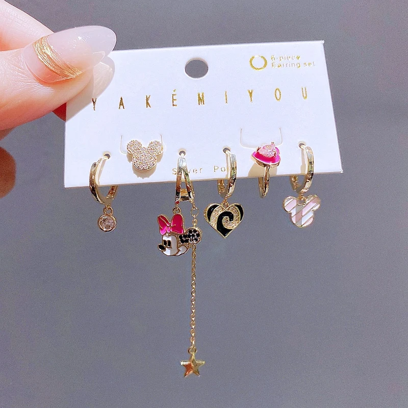 

Trendy 6pcs Cute Zircon Cartoon Mouse Head Heart Pendant Hoop Earrings Ear Cuff Set for Women Jewelry