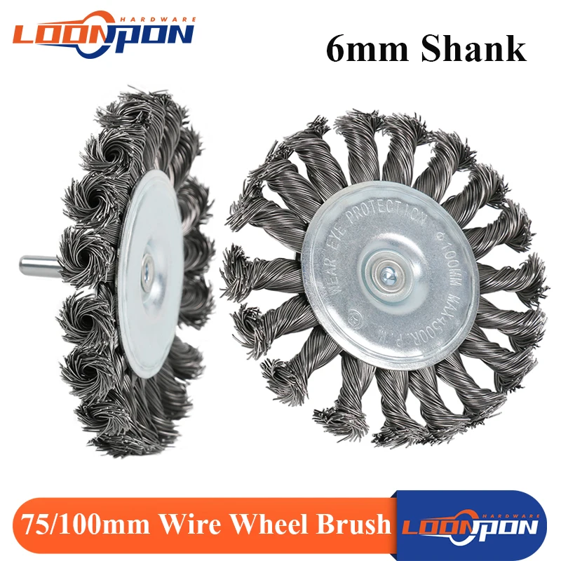 Loonpon Drahtradbürste, 6 mm Schaft, 75/100 mm gedrehte geknotete Drahtbürste, Drehwerkzeug-Zubehör zum Entfernen von Metall, Rost