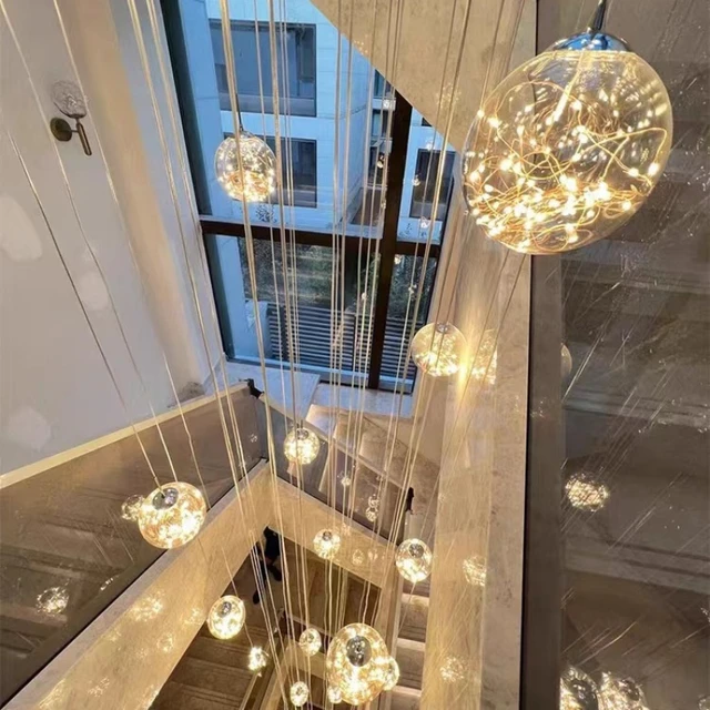 Lámpara de escalera de cielo estrellado, candelabro largo de diseño nórdico, luz de pasillo dúplex, luces colgantes creativas de lujo, salón de apartamento 3