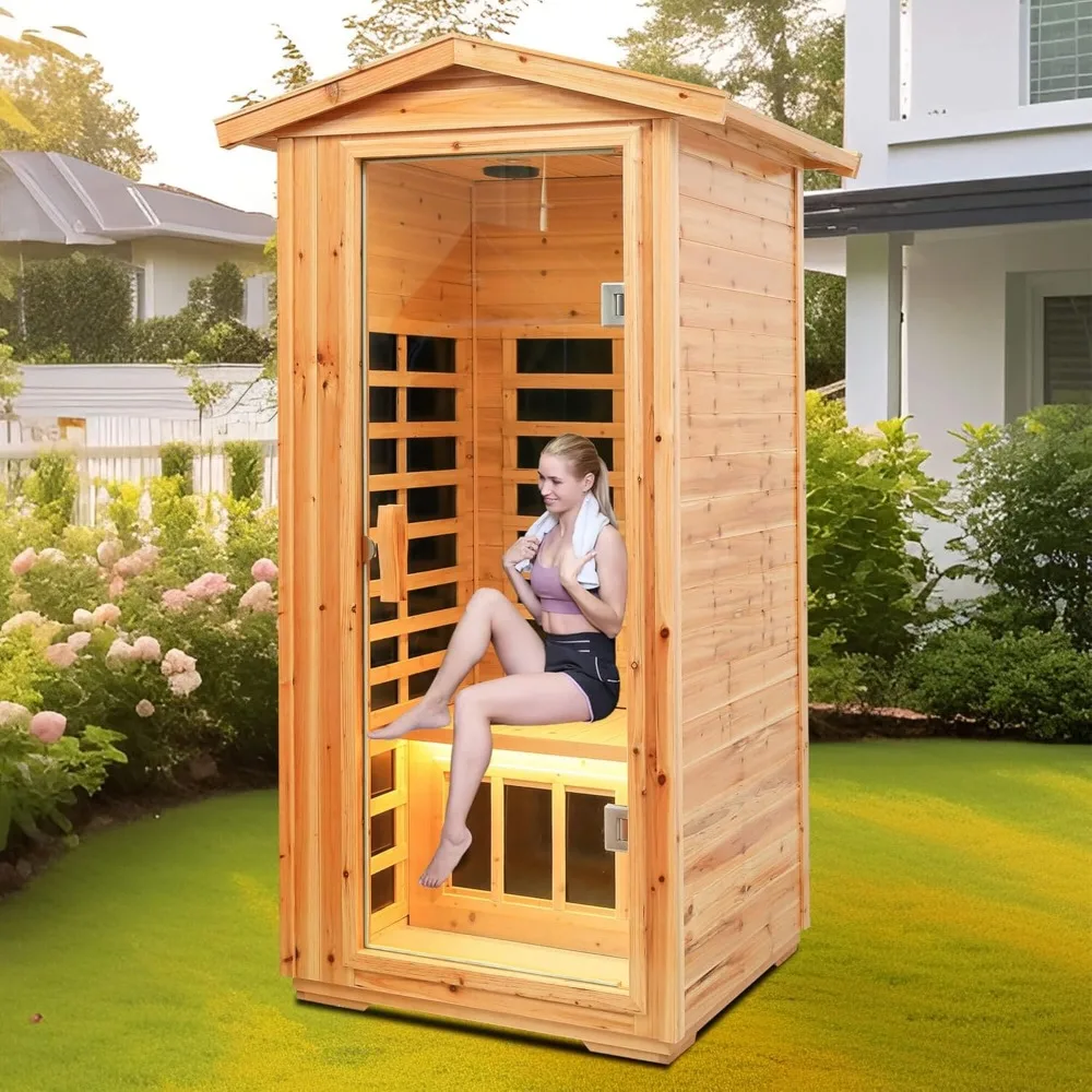 Far Infrared Wooden Outdoor Sauna, 1-Person Size, w/1560W, 6 Low EMF Heaters, 10 Minutes Pre-Warm up, Time and Temp Pre-Set 4