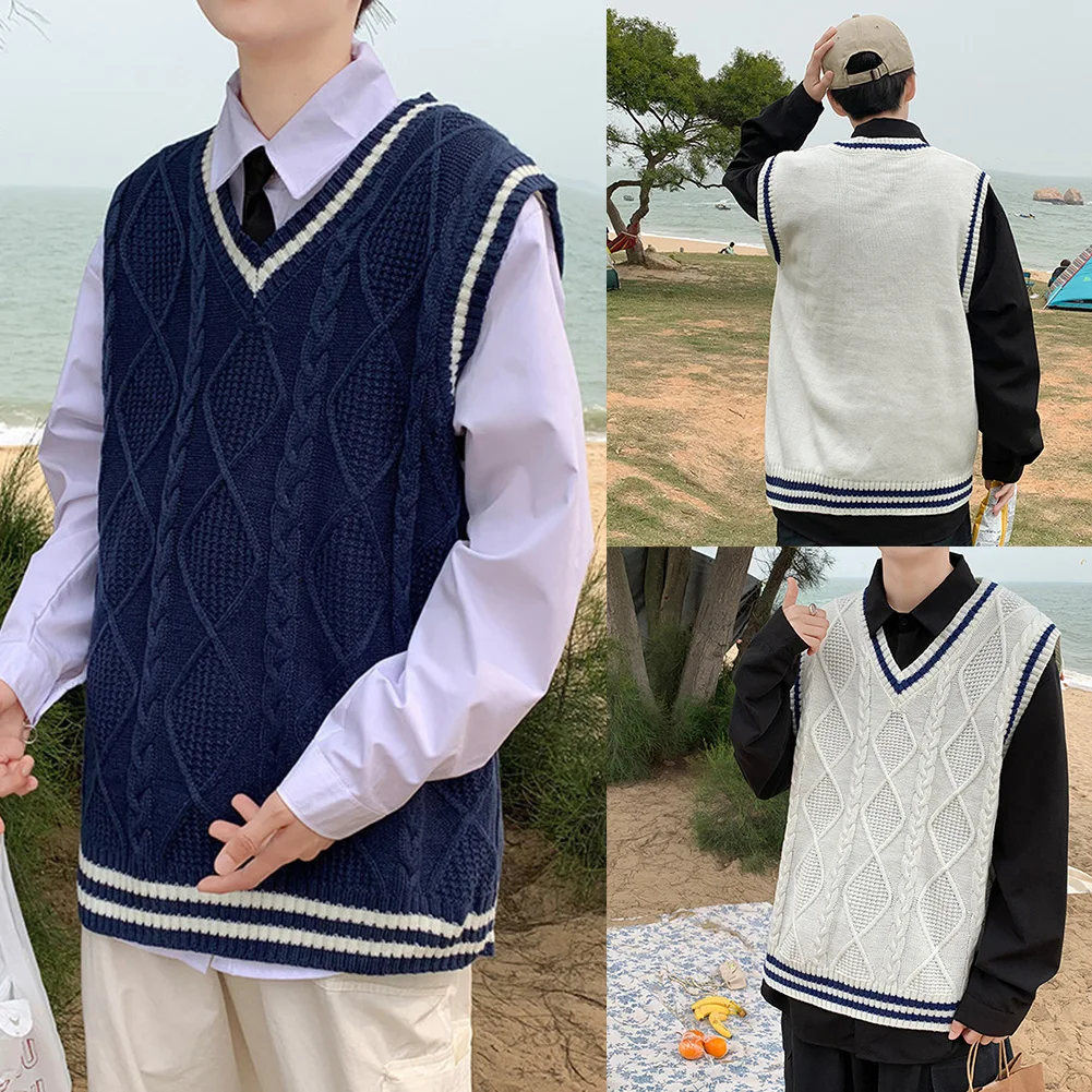 Mens Classic Contrast Color Thermal V-Neck Comfortable Cardigan Sleeveless Slight Strech Solid Vest Simple Loose Waistcoat Tops