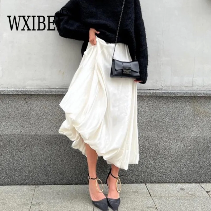 

WXIBEI Fashion Beige Satin Skirts For Women Elegant High Waist Office Lady Ankle-Length Skirt Casual Loose Female Clothes FC991