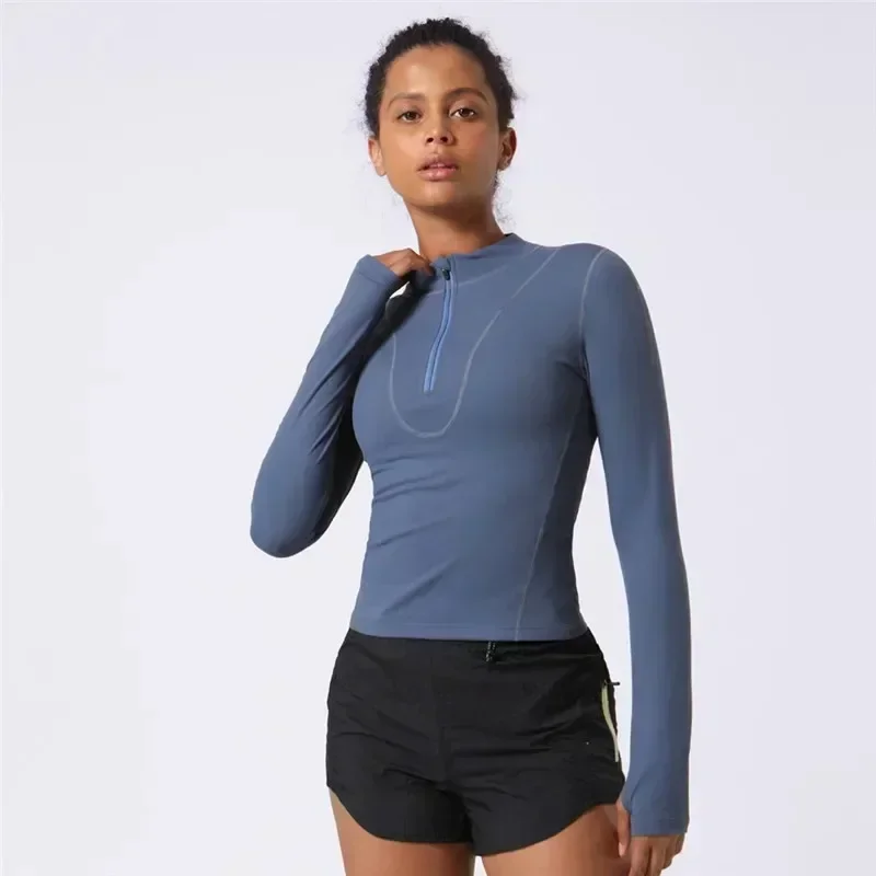 Lemon Women Fitness Long Sleeve Shirt Sports Top Slim Running Front Zip Yoga Shirt Thumb Hole Athletic Tights Running Gym Clothe