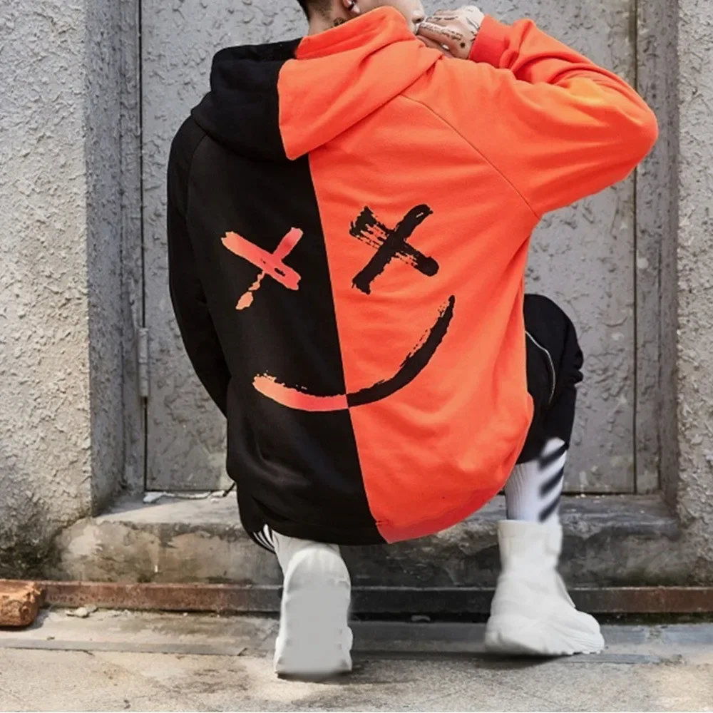 Men's Casual Fashion Color Block Smiley Face Long Sleeve Sweatshirt Sport Hooded Top From China Mainland Baseball Sport Shirt