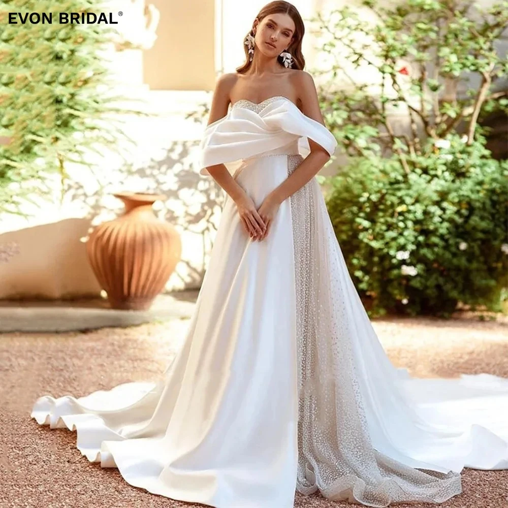 

EVON Свадебные простые с открытыми плечами без рукавов трапециевидные Свадебные платья для женщин длиной в Пол с открытой спиной блестящие атласные Выпускные платья