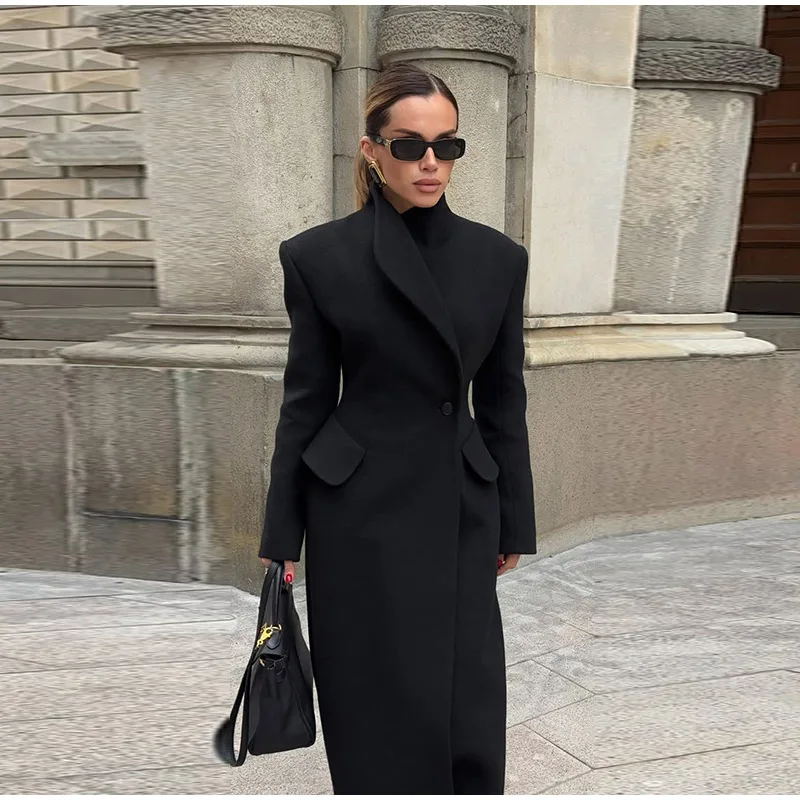 Elegant Hidden Button V-neck Long Coat Women Vintage Classic Waist-cinching Black Tweed Coats Lady Winter Chic Street Overcoats