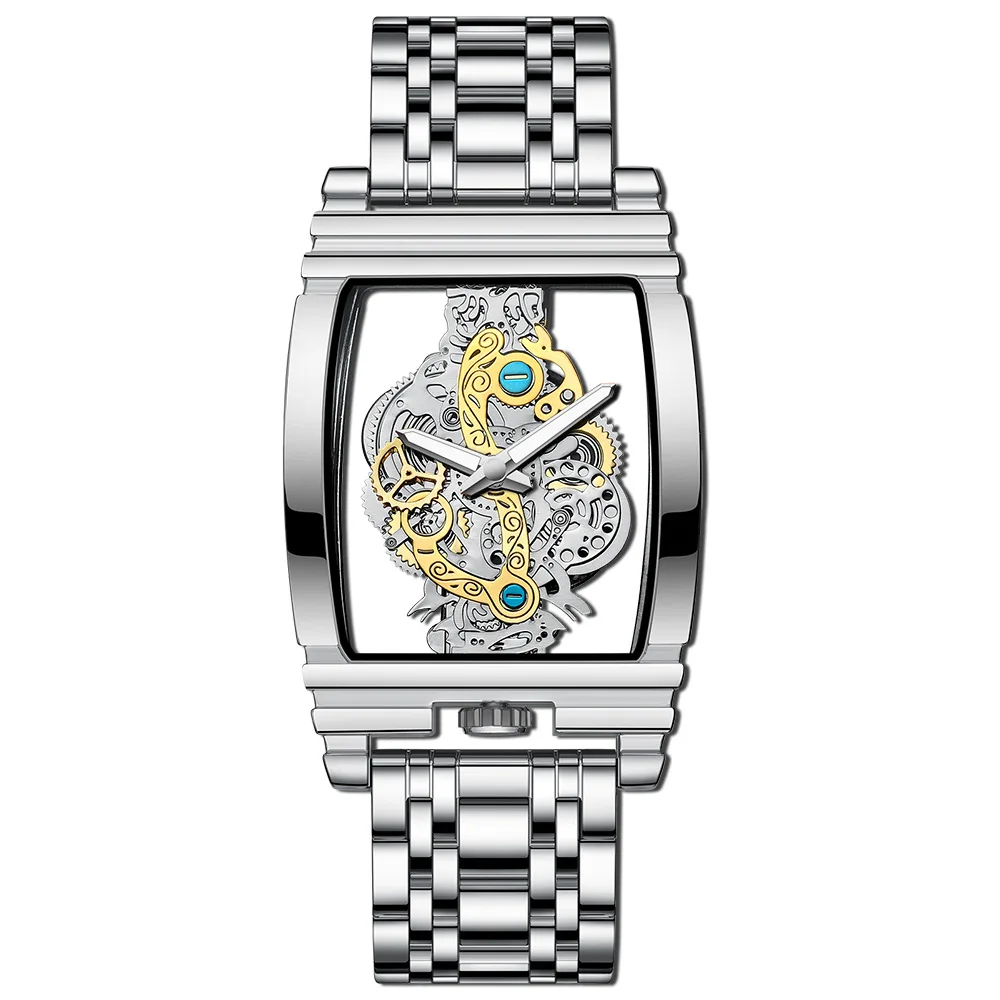 New barrel type men's quartz watch square transparent full hollow flywheel waterproof watch leather steel band luminous watch