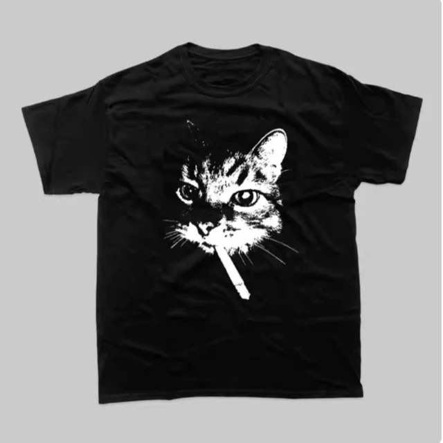 New High-quality American Street Smoking Cat Retro Trendy Personalized Printed T-shirt Men's Windshield Loose Short Sleeves 1