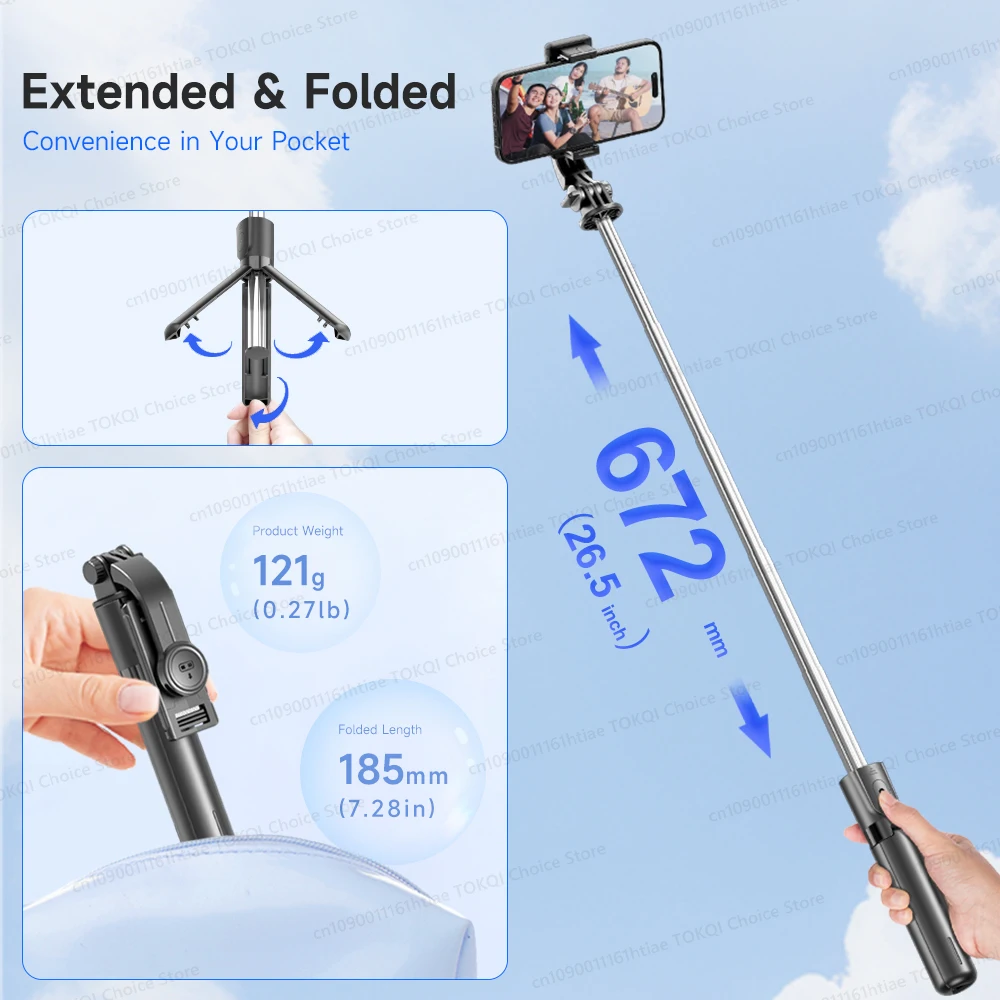 TOKQI Selfie Stick Tripod Phone Stand Portable Mini Tripod with Wireless Bluetooth for Android and Iphone Cell phones Shoot Vlog