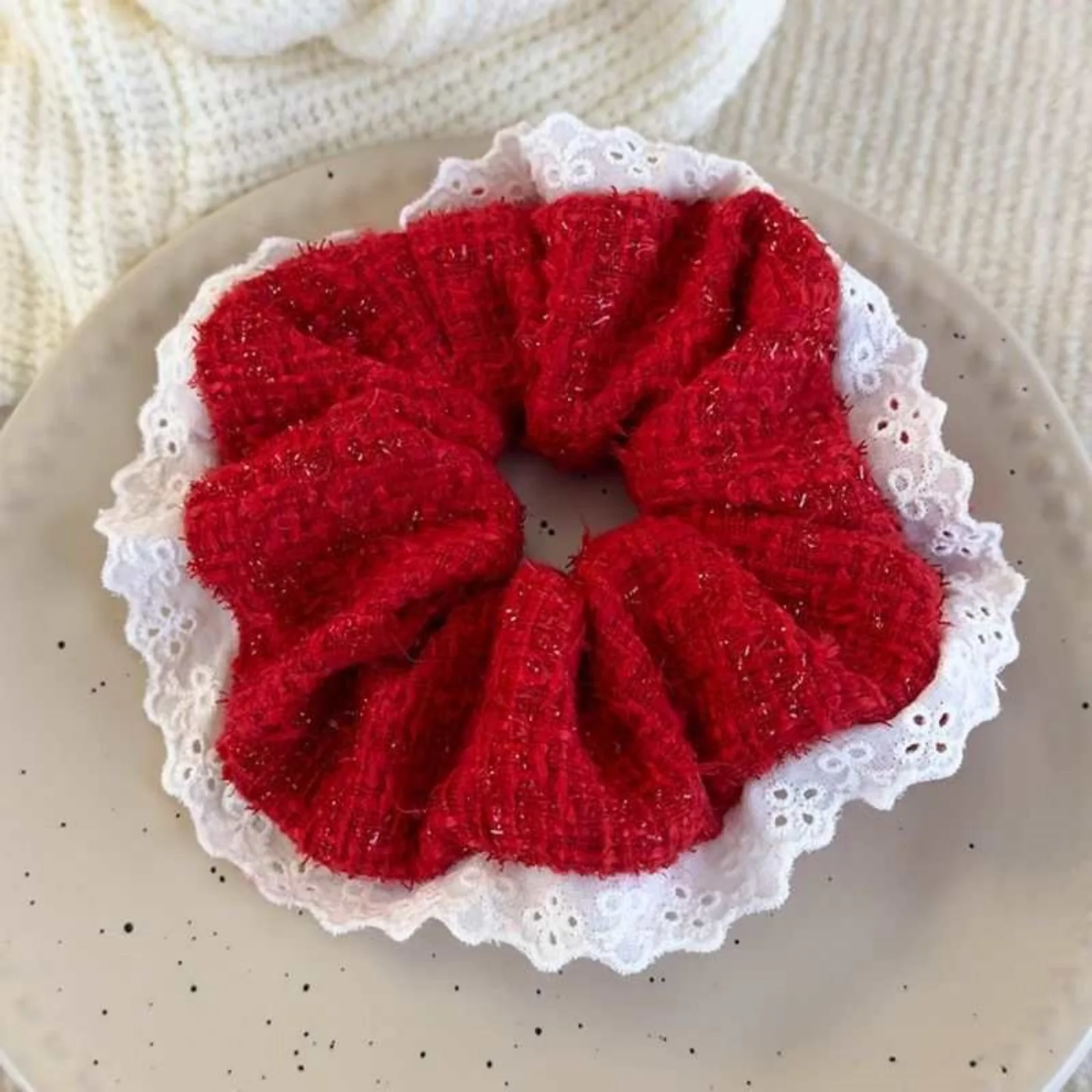 1PC Red Glitter Scrunchies Set, Lace Trim & Pearl Ribbon Decor Hair Ties, Elegant Retro-Style Elastic Hair Bands For Women