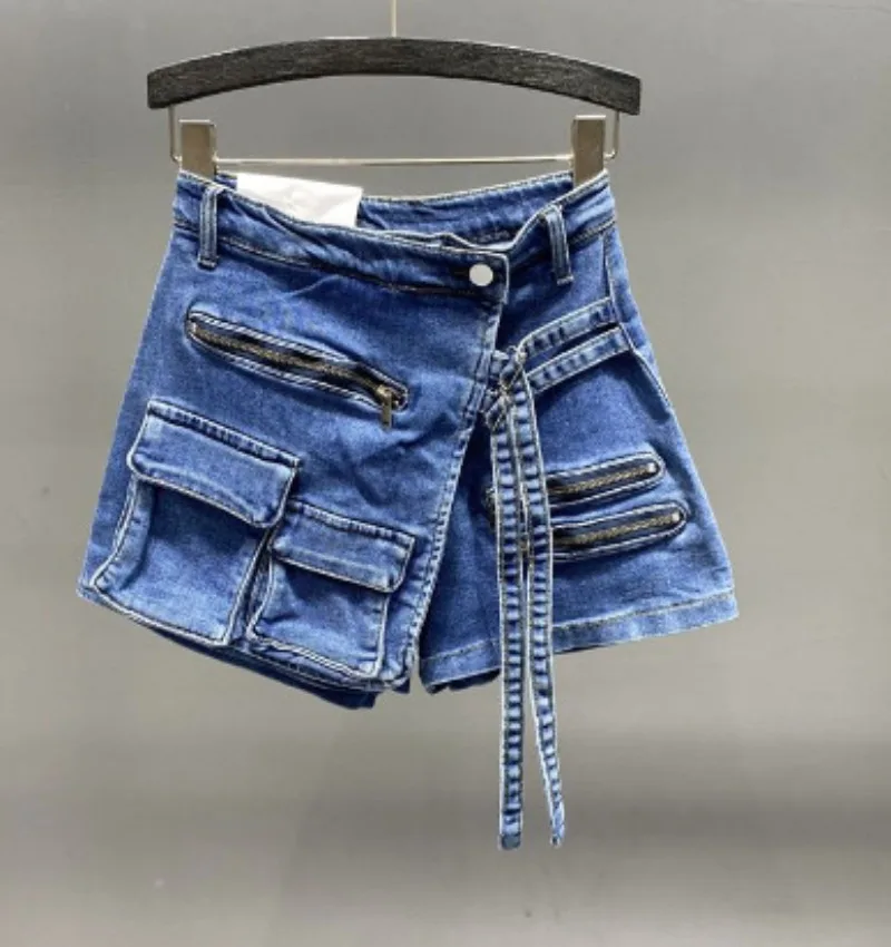 

2024 Spring summer Women Shorts Denim Pants Irregular Multiple Pockets Loose Wide Leg Pants New Denim Skirt Pants