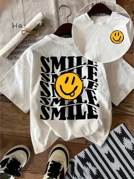 Women's Casual Short Sleeve Crew Neck T-Shirt Joyful Face "SMILE" Graphic Print Summer Top  Comfort Ladies TShirt Playful Design 1