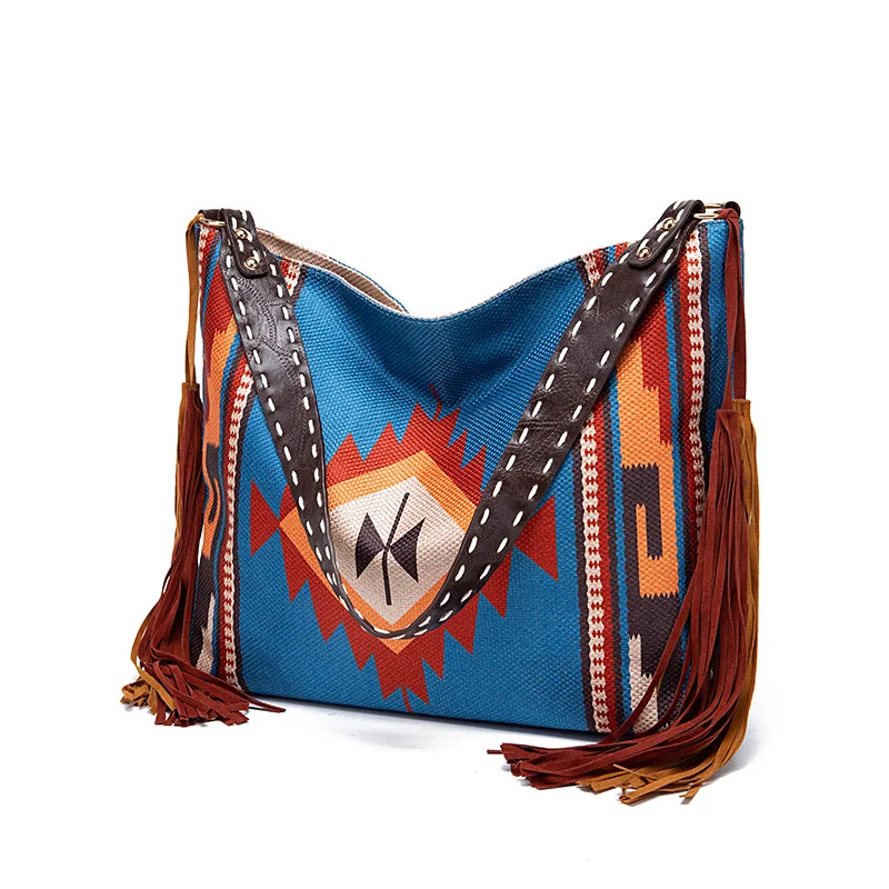 2023 Retro Hand Woven TASSEL Cotton And Linen Shoulder Cross-Border Bag For  Women