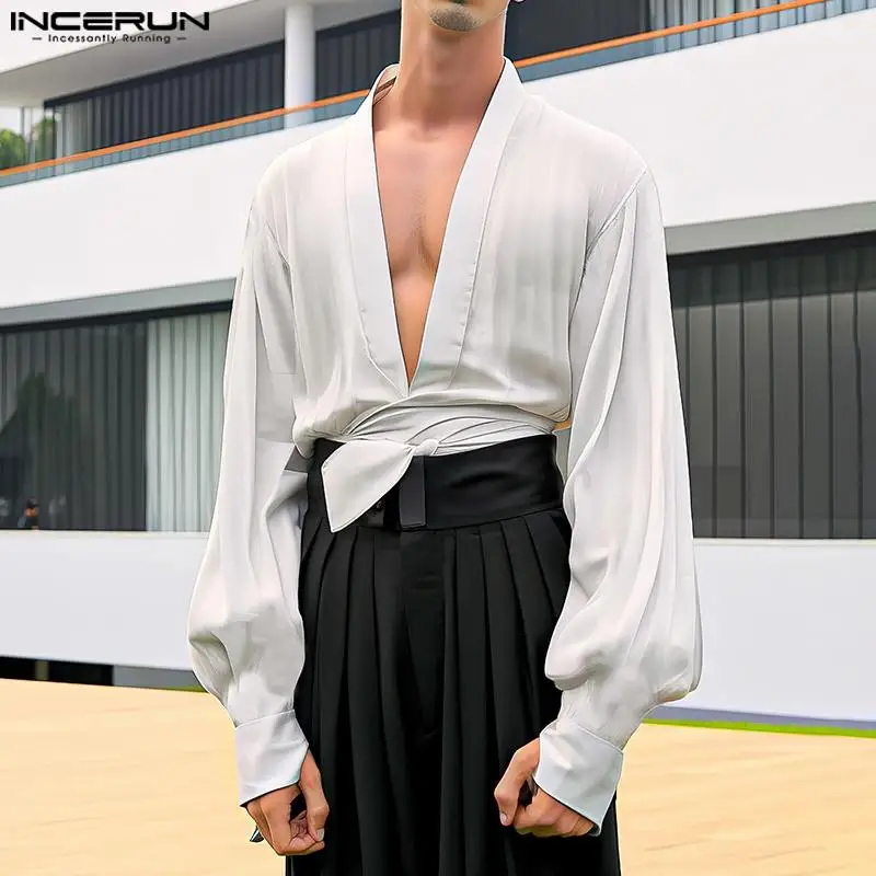 

INCERUN Tops 2024 Handsome Men's Sexy V-neck Thimble Design Shirts Casual Solid All-match Simple Male Long Sleeved Blouse S-2XL