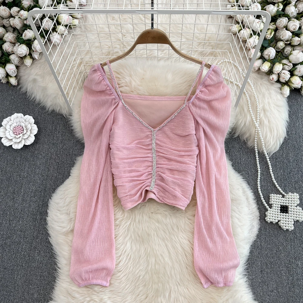 

Autumn Fashion V-Neck Show Clavicle Chic Waist Chiffon Shirt Pleated Slim Short Top