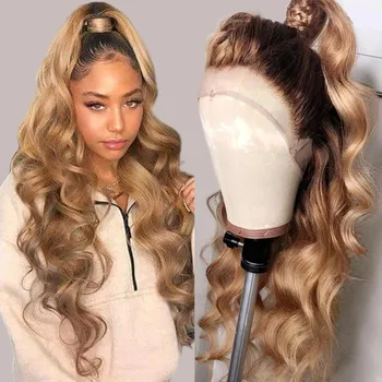 Body wave blonde lace front wig human hair lace frontal wigs inch color wig dark