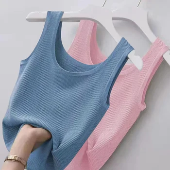 Fashion Knitted Basic Camisole U-Neck Sleeveless Tank Tops Autumn Solid Color Basic Camis Female Casual Crop Top t shirt 1