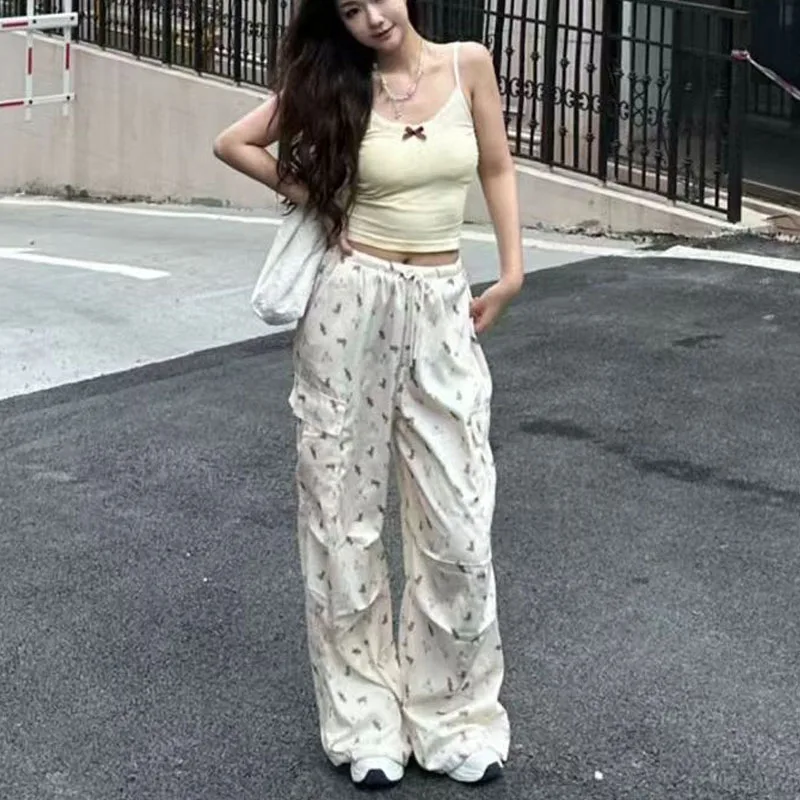 Summer Women Cartoon Little Bear Printing Waistband Casual Pants Wide Legs Korean Loose Casual All-match Affordable Trousers