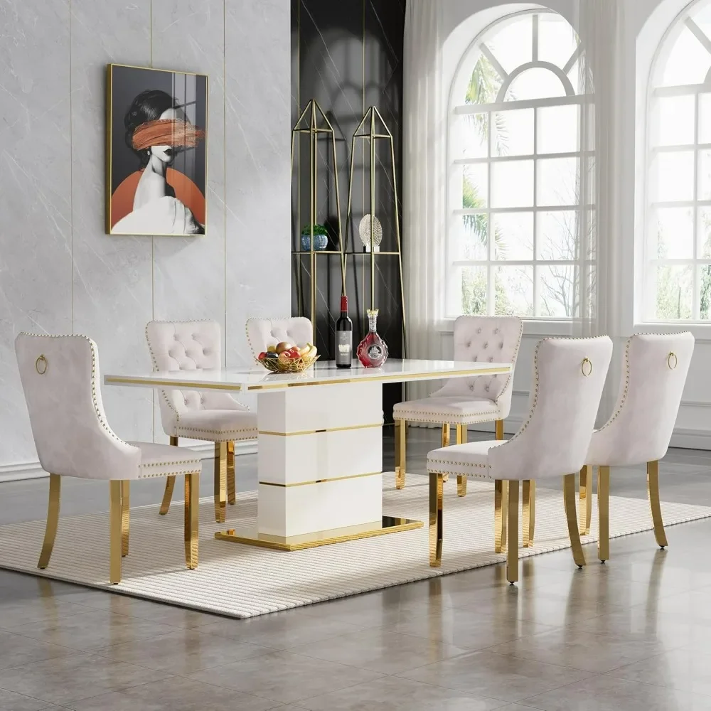 Dining Table Set for 6 with Tufted Chairs and Stainless Steel Base