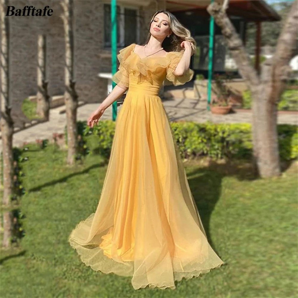 

Bafftafe A Line Organza Korea Lady Prom Party Dresses Tiered Skirt Short Sleeves Evening Dress Formal Occasion Birthday Gowns