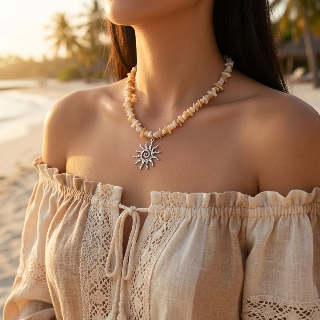 Boho Natürliche Kies Halsband Halskette für Frauen Vintage Silber Farbe Sonne Anhänger Halsketten Sommer Strand Urlaub Schmuck Geschenk – Detail 1