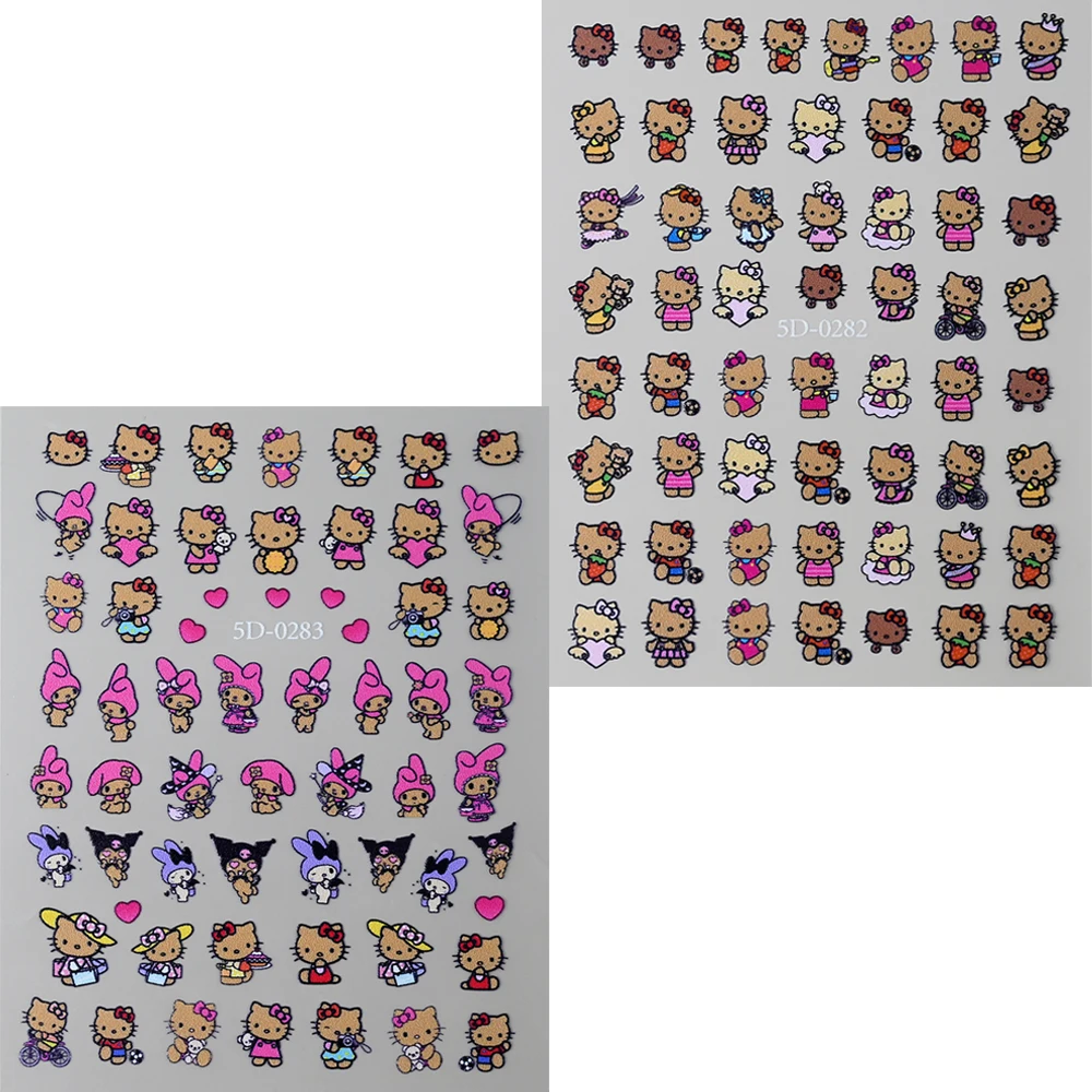2개/세트 여름 태닝 헬로키티 5D 네일 스티커 엠보싱 Y2K 카와이 머메이드 헬로키티 네일 데칼 휴가 스타일 매니큐어