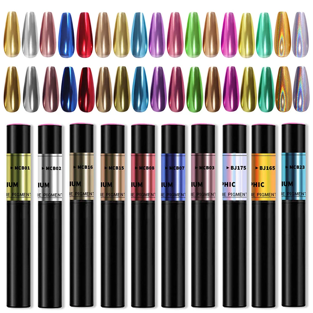 11 Colors Chrome Nail Powder Air Cushion Pen Nail Art Design Holographic Powder Sponge Brush Mirror Effect Polish Pens