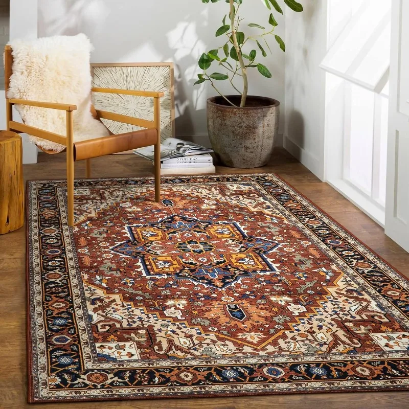 Vintage Persian Living Room Carpet Symmetrical Geometric Bedroom Plush Rug Foldable Machine Washable Non-slip Cloackroom Mats 러그