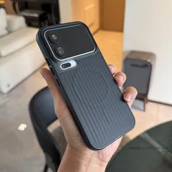 Shockproof Magnetic Full Body Phone Case - Corrugated Matte Translucent with Metal Button Premium Finish for Xiaomi 14PRO (Black)