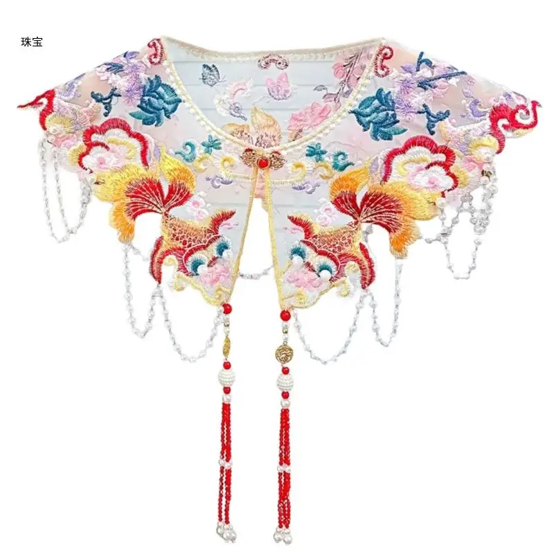 

X5QE Chinese Vintage Embroidered False Collar Pearl Chain Tassels Yunjian Shawl Scarf