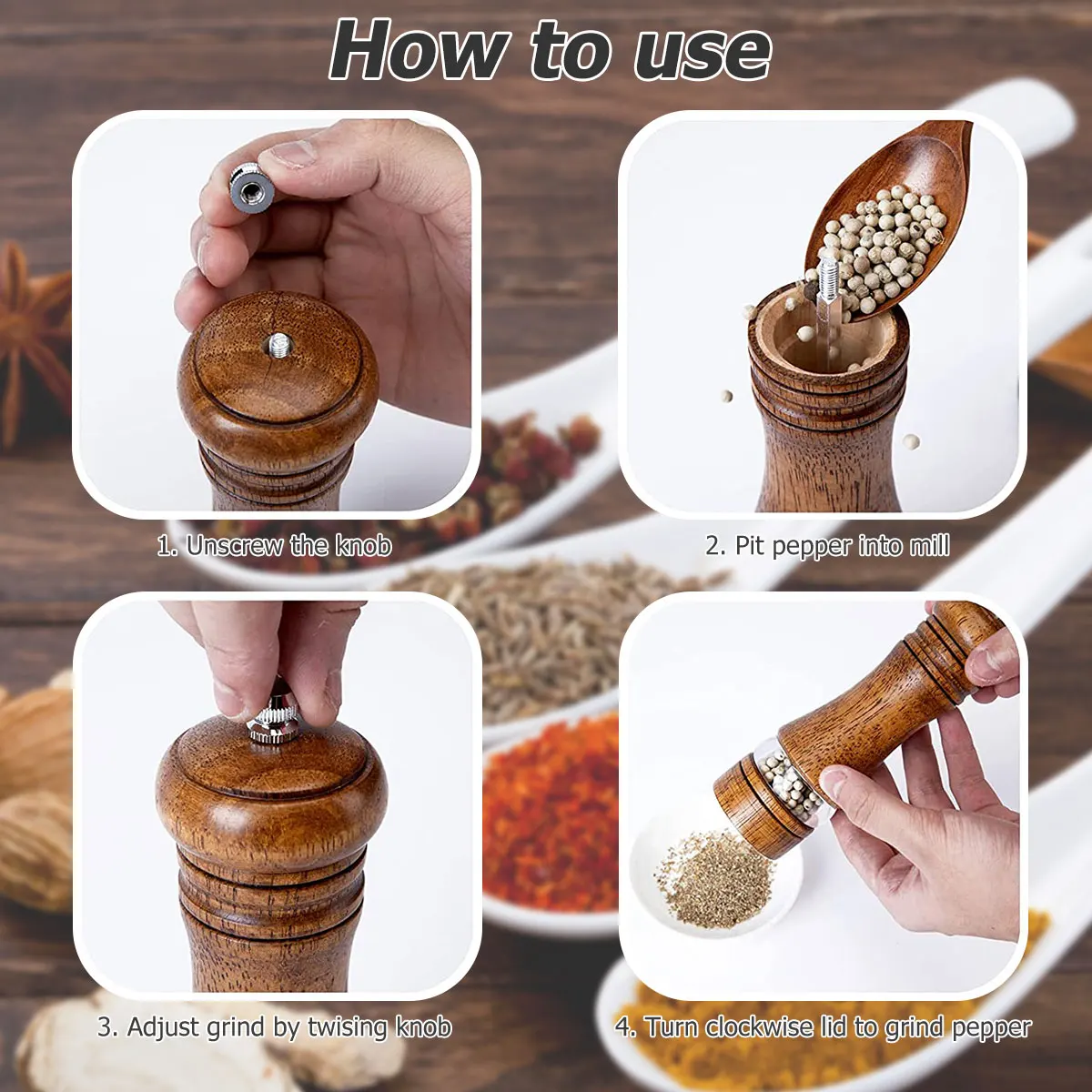 2Pcs Pepper Grinder Wooden with Ceramic Grinding Cores Coarseness Adjustable Manual Spice Grinder Multifunctional for Kitchen salt and pepper grinder nut spice grinder pepper grinder herb spice grinder