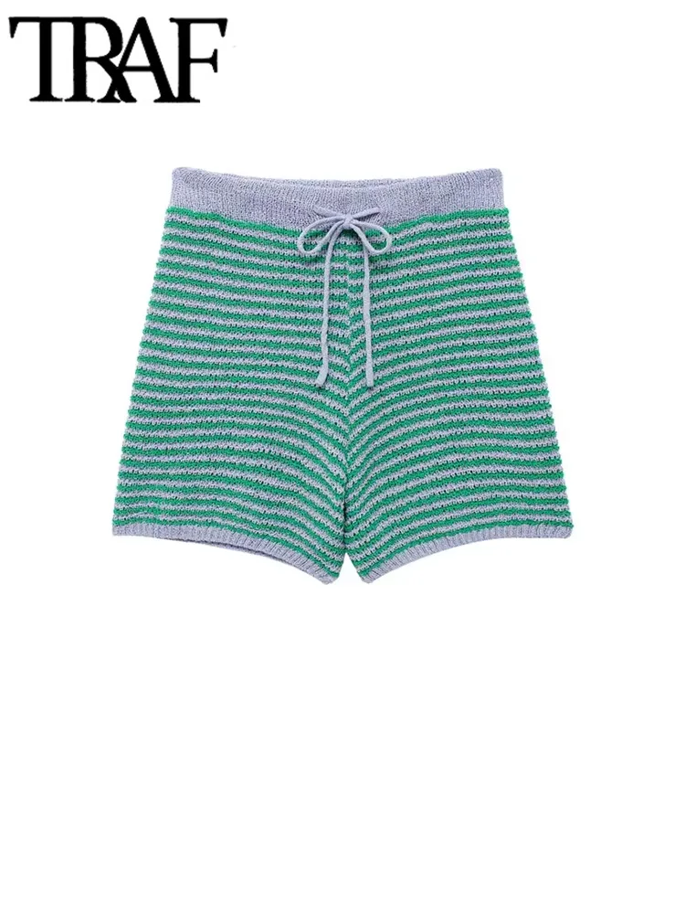 TRAF Women Fashion Polo Collar Striped Loose Knit Sweater And High Elastic Waist Shorts Female Two Piece Sets Mujer 6
