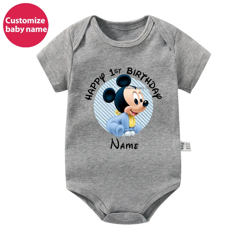 New Custom Name Baby Boys Girls Bodysuits Personalised Happy 1st Birthday Mickey Minnie Mouse Infant Birthday Rompers Gifts 5