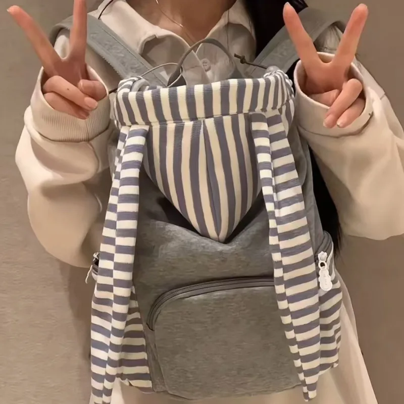 Striped Korean Style Gray Backpacks Rabbit Ears Design Casual Bags Large Capacity Student Tote Bags Versatile Backpack For Women 2