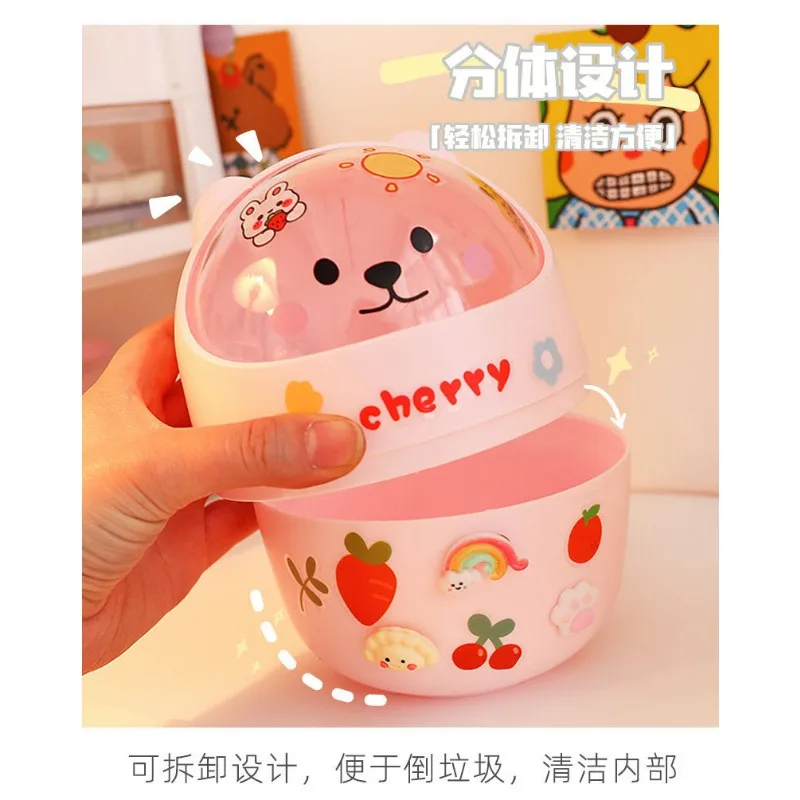 Desktop Mini Trash Can Organizer Kawaii Pencil Holder Cute Cartoon Student Desk Garbage Can Storage Bin with Lid Storage Box
