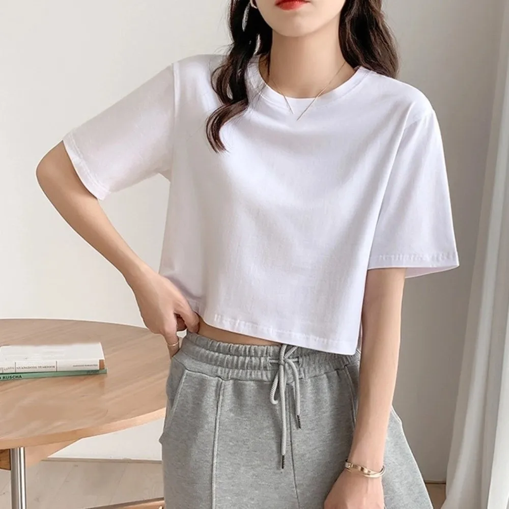 U Neck Ultra Short T-Shirt Streetwear Solid Color Korean Short Tops Basic T-shirt Korean Style Black White Crop Top Lady