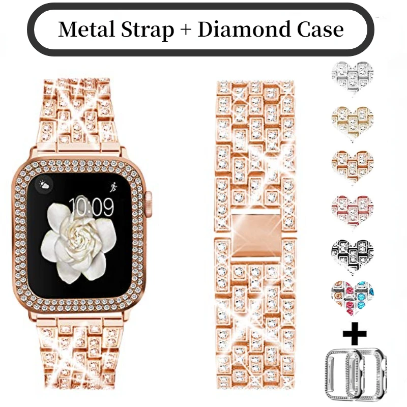 

Metal Diamond Strap+Case For Apple watch 45mm 41mm 44 mm 42mm 40mm Women Bracelet Wristband For iWatch 9 8 7 6 5 4 3 SE2 Correa