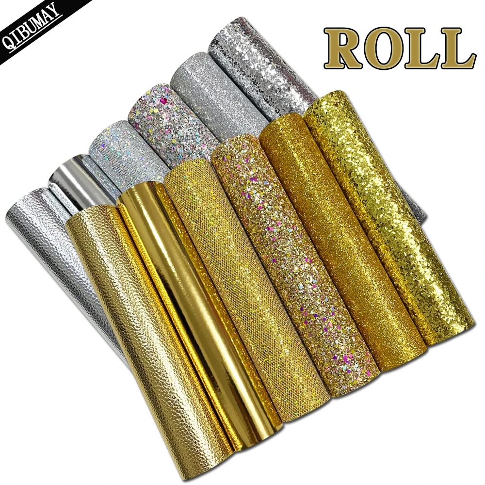 

QIBU 50x120cm Wholesale Golden&Silver Faux Leather Roll Chunky Glitter Fabric for Bag Earring Decoration DIY Hairbow Accessories