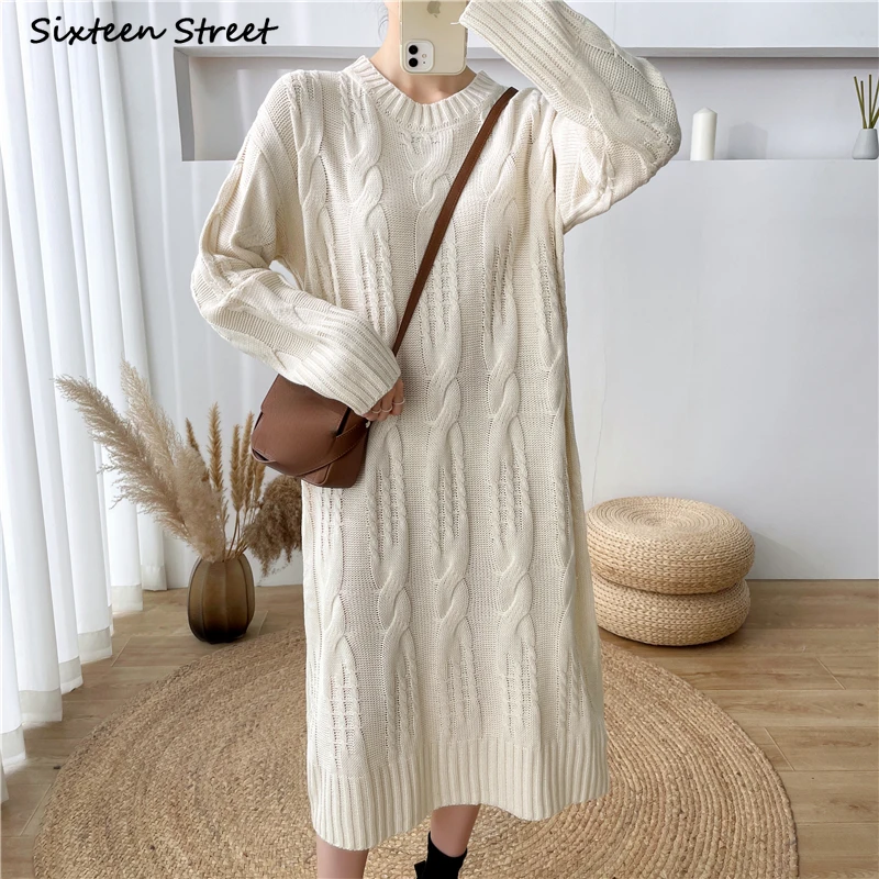 

Twist Apricot Knitted Dress Women Oversized Winter 2023 Autumn Long Sweater Dress Vestido Ladies Vintage Loose Knitwear Fall