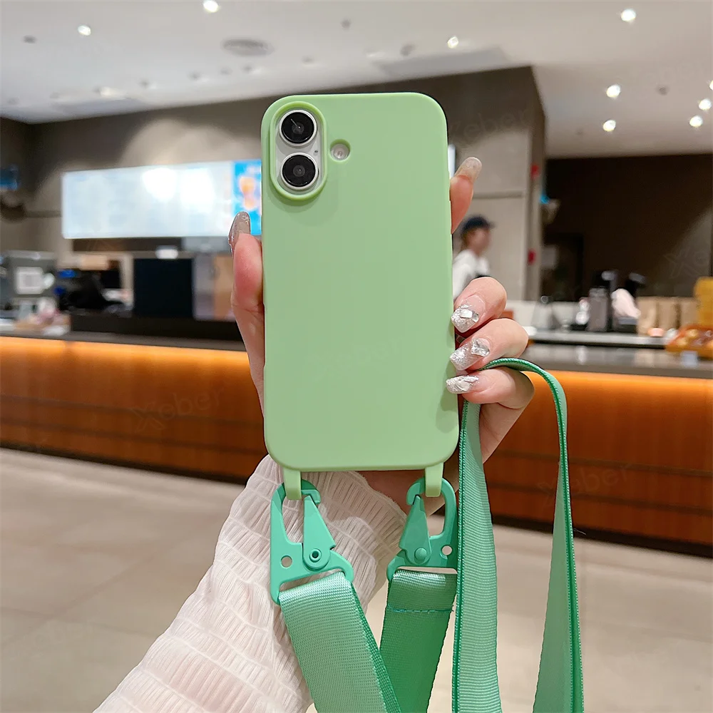 Étui de téléphone en silicone mat avec lanière large et collier bandoulière pour iPhone 16 15 14 Pro Max 13 12 11 XR XS MAX Housse mate antichoc_voghion.com