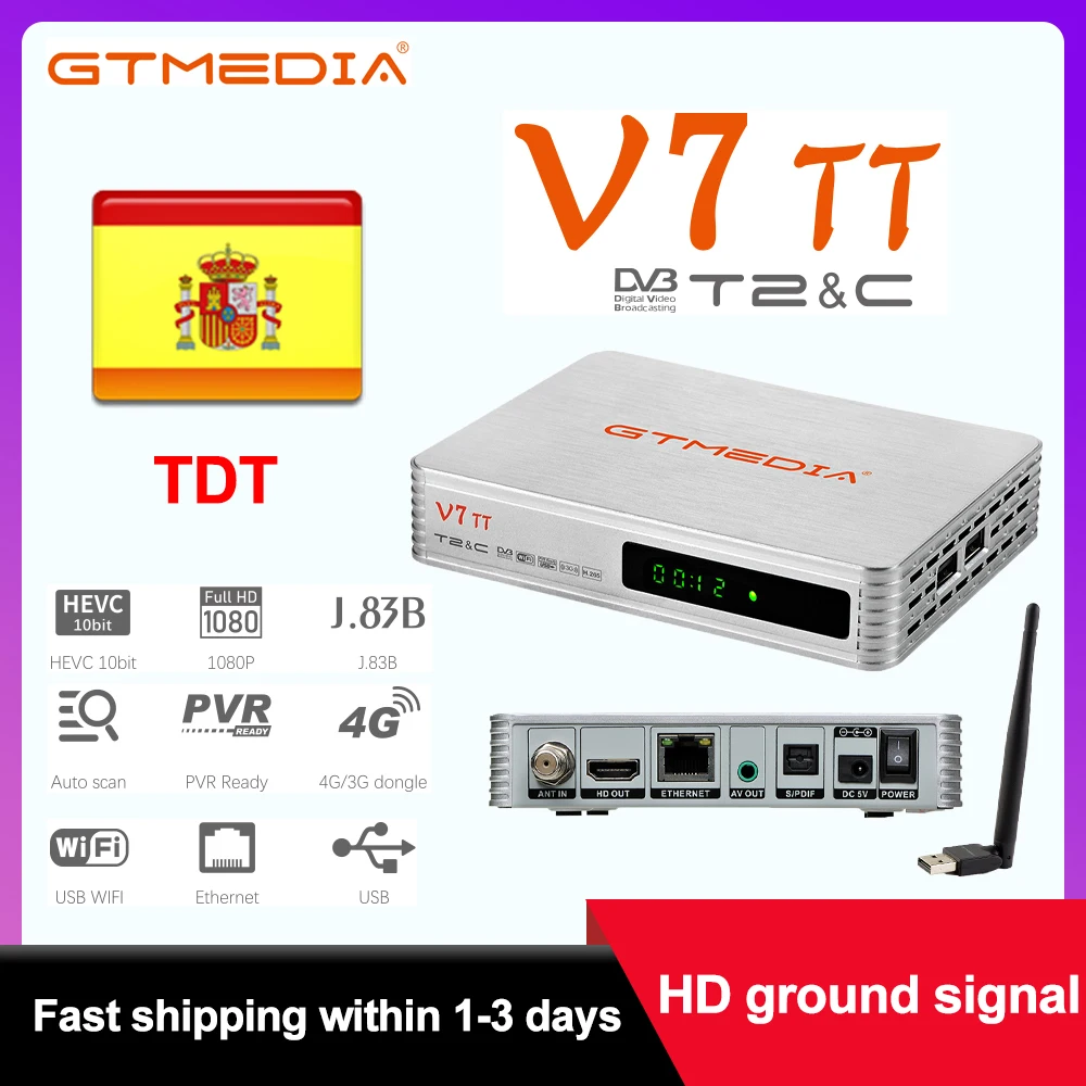 

GTMEDIA V7 TT Ground Signal Receiver, 1080P Full HD DVB-T/T2/DVB-C/J.83B, USB PVR Ready H.265 HEVC supports Spanish HD TDT