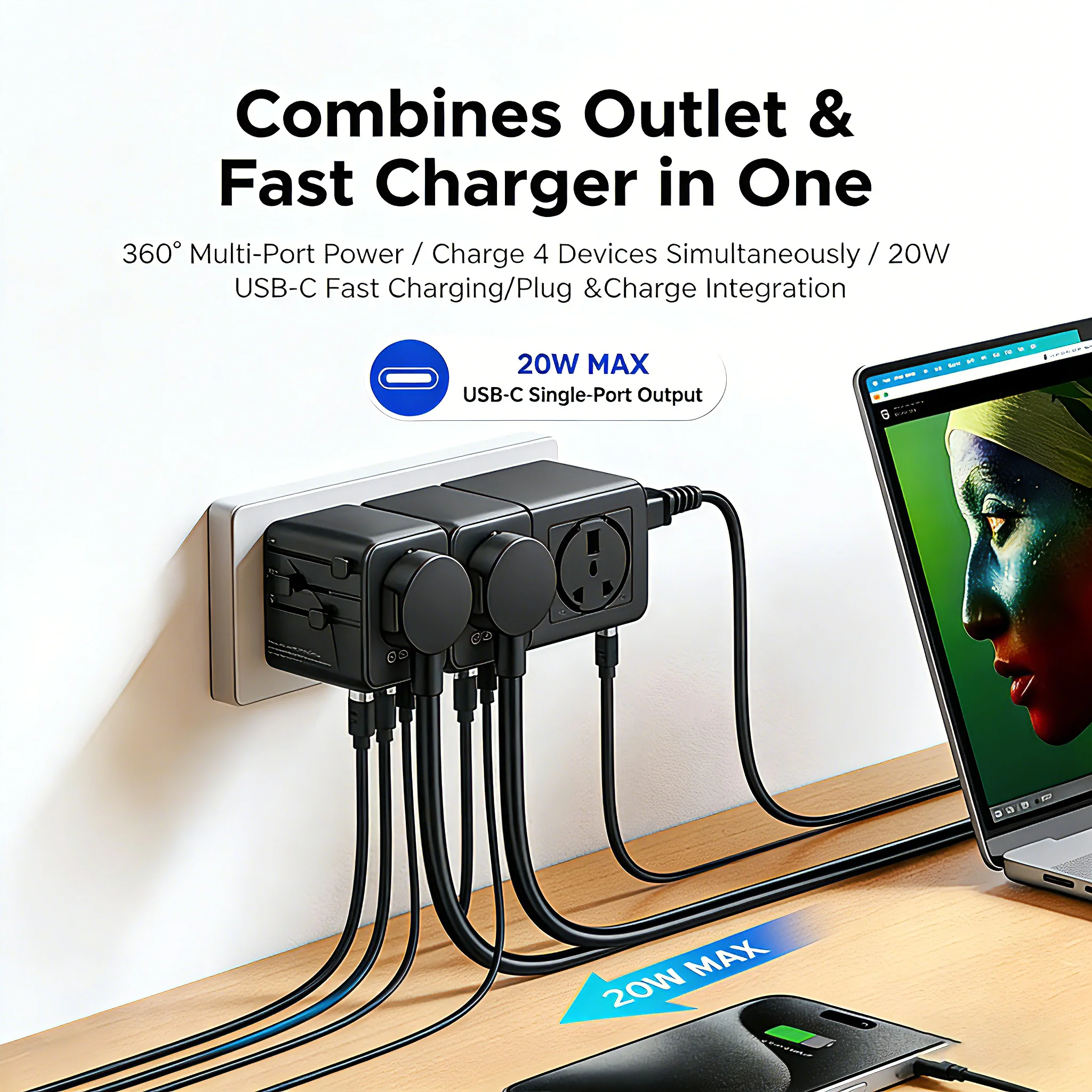 Universal Travel Adapter with 20W GaN Fast Charging and Dual USB Ports